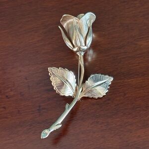 Vintage GIOVANNI Gold Tone Long Stem Rose Brooch Pin 3D Flower Signed
